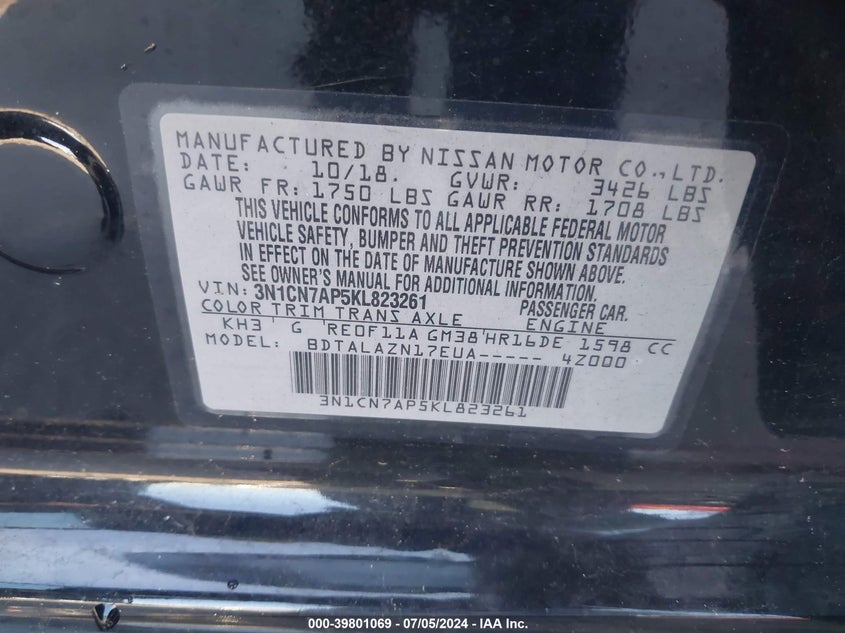 2019 Nissan Versa 1.6 S+ VIN: 3N1CN7AP5KL823261 Lot: 39801069