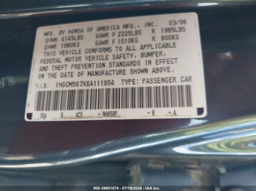 2006 Honda Accord 2.4 Ex VIN: 1HGCM567X6A111954 Lot: 39801074