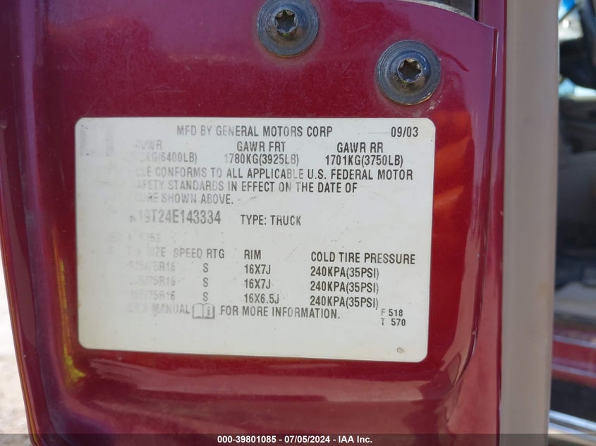 2004 Chevrolet Silverado 1500 Lt VIN: 1GCEK19T24E143334 Lot: 39801085