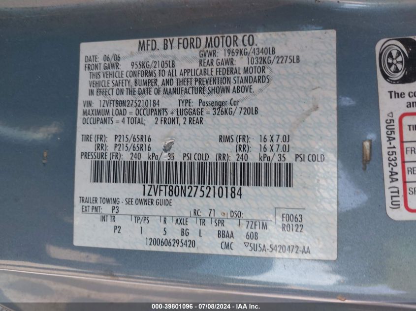 2007 Ford Mustang VIN: 1ZVFT80N275210184 Lot: 39801096