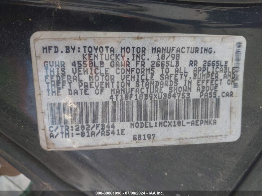 1999 Toyota Avalon Xl VIN: 4T1BF18B9XU304753 Lot: 39801098