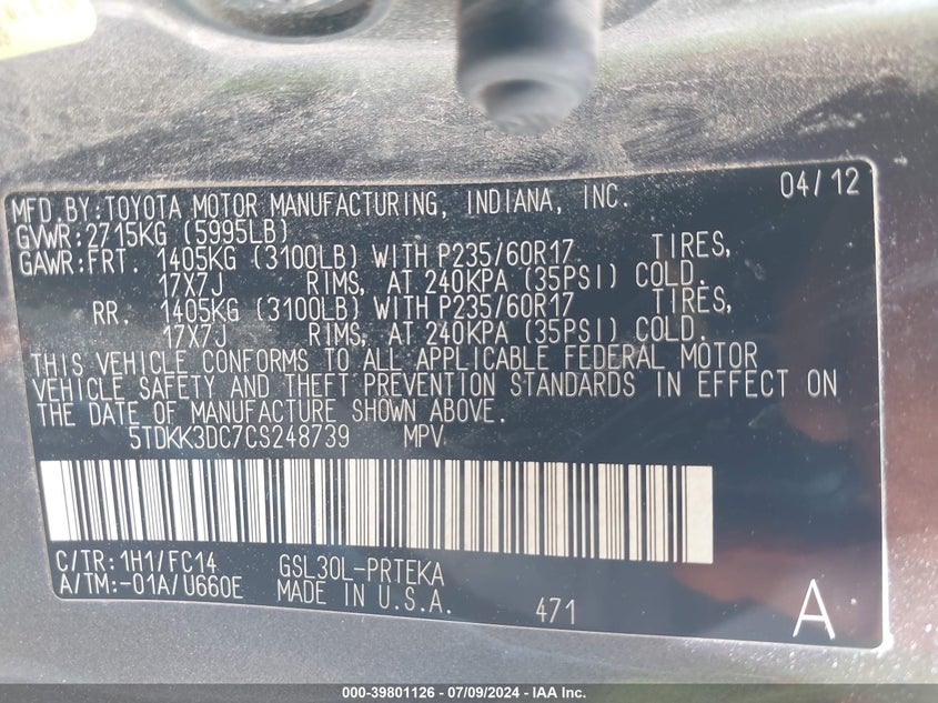 2012 Toyota Sienna Le V6 8 Passenger VIN: 5TDKK3DC7CS248739 Lot: 39801126