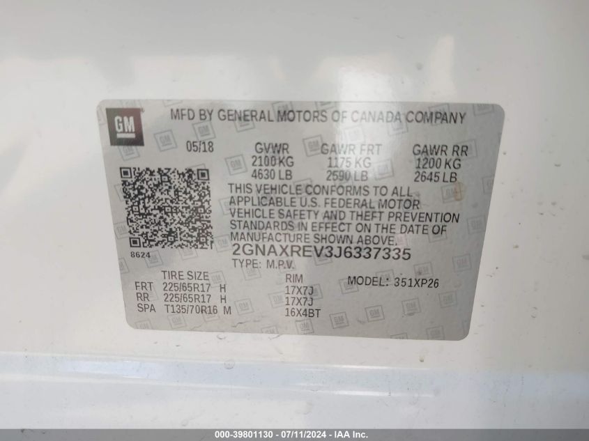 2018 Chevrolet Equinox Ls VIN: 2GNAXREV3J6337335 Lot: 39801130