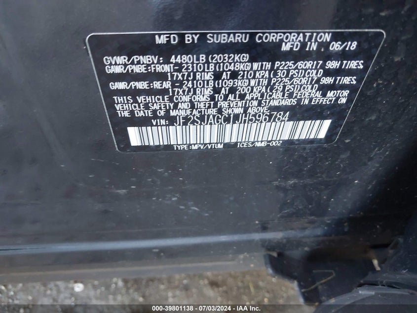 2018 Subaru Forester 2.5I Premium VIN: JF2SJAGC1JH596784 Lot: 39801138