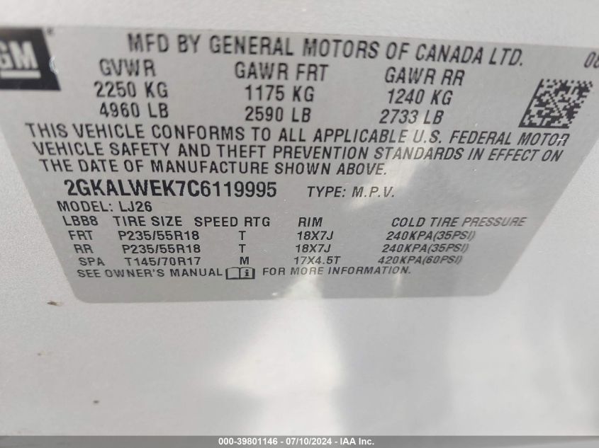 2012 GMC Terrain Slt-2 VIN: 2GKALWEK7C6119995 Lot: 39801146