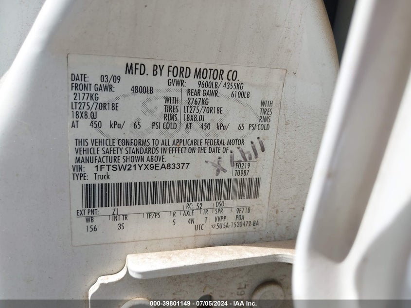 2009 Ford F-250 Fx4/Harley-Davidson/King Ranch/Lariat/Xl/Xlt VIN: 1FTSW21YX9EA83377 Lot: 39801149