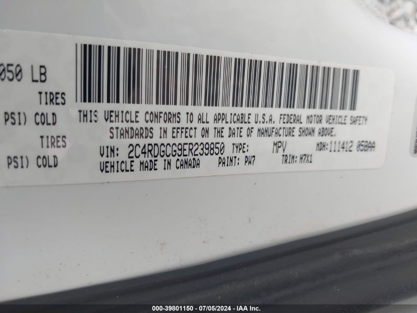 2014 Dodge Grand Caravan Sxt VIN: 2C4RDGCG9ER239850 Lot: 39801150