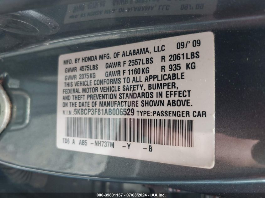 2010 Honda Accord 3.5 Ex-L VIN: 5KBCP3F81AB006529 Lot: 39801157