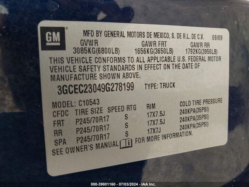 2009 Chevrolet Silverado 1500 Lt VIN: 3GCEC23049G278199 Lot: 39801160