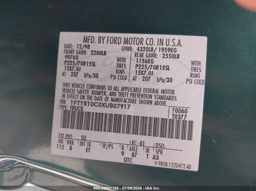 1999 Ford Ranger Xl/Xlt VIN: 1FTYR10C0XUB07917 Lot: 39801163