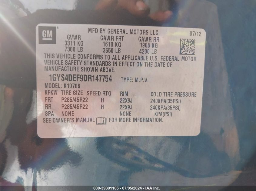 2013 Cadillac Escalade Platinum Edition VIN: 1GYS4DEF9DR147754 Lot: 39801165