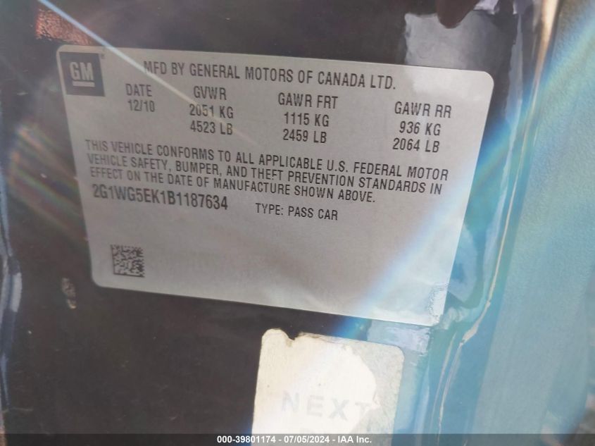 2011 Chevrolet Impala Lt VIN: 2G1WG5EK1B1187634 Lot: 39801174