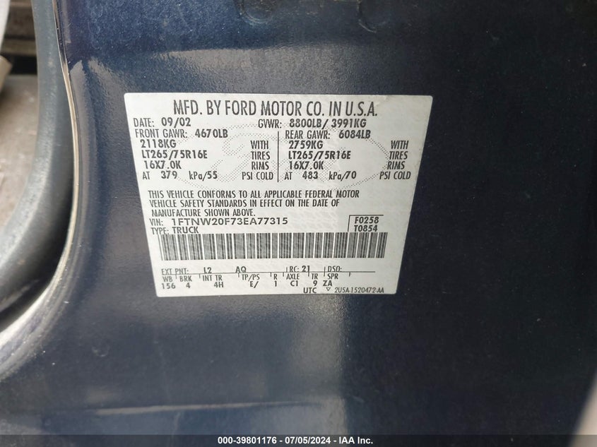 2003 Ford F-250 Lariat/Xl/Xlt VIN: 1FTNW20F73EA77315 Lot: 39801176