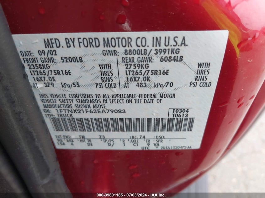 2003 Ford F-250 Lariat/Xl/Xlt VIN: 1FTNX21F63EA79083 Lot: 39801185