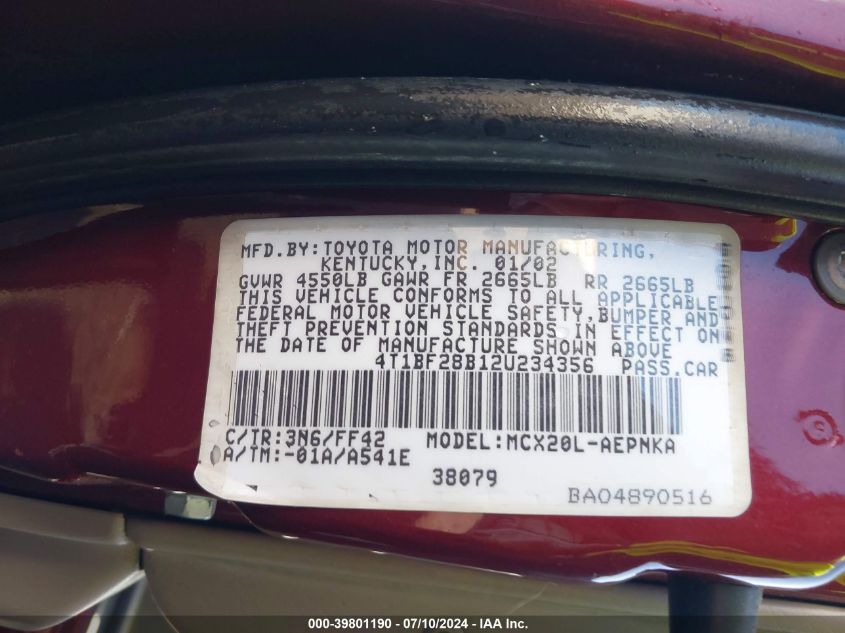 2002 Toyota Avalon Xl VIN: 4T1BF28B12U234356 Lot: 39801190