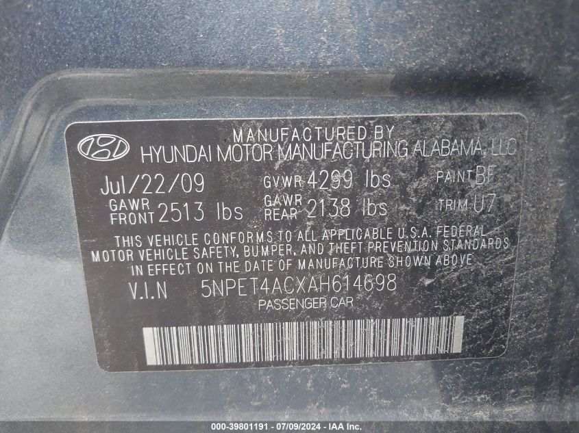 2010 Hyundai Sonata Gls VIN: 5NPET4ACXAH614698 Lot: 39801191