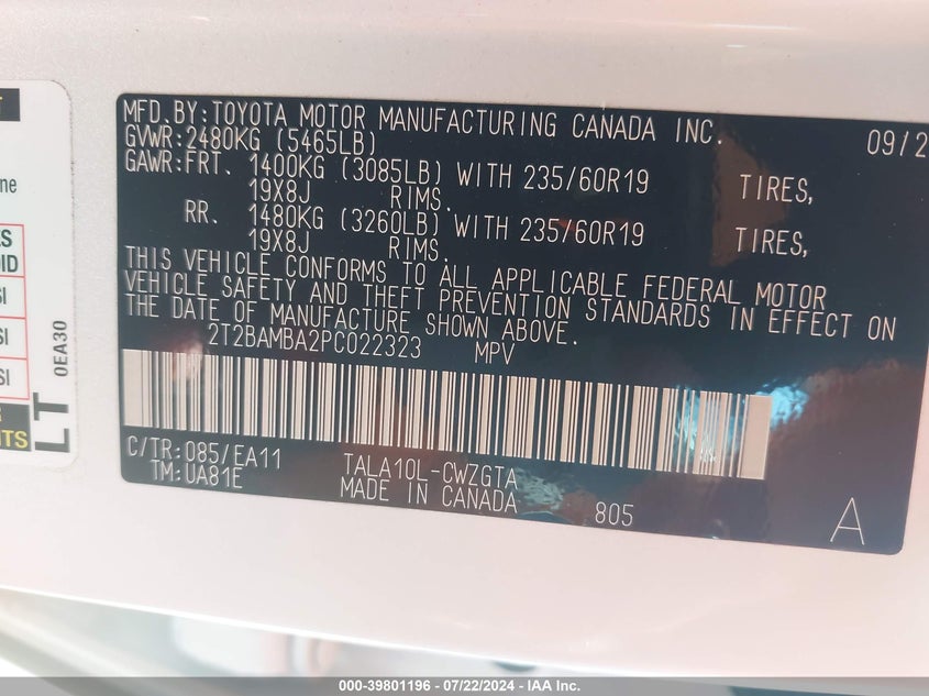 2023 Lexus Rx 350 Premium VIN: 2T2BAMBA2PC022323 Lot: 39801196