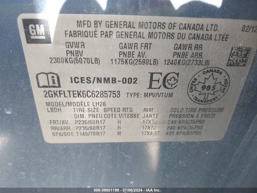 2012 GMC Terrain Sle-2 VIN: 2GKFLTEK6C6285753 Lot: 39801198