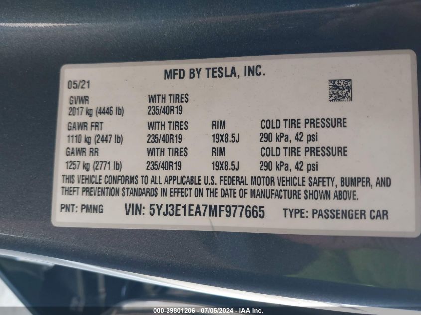 2021 Tesla Model 3 Standard Range Plus Rear-Wheel Drive VIN: 5YJ3E1EA7MF977665 Lot: 39801206