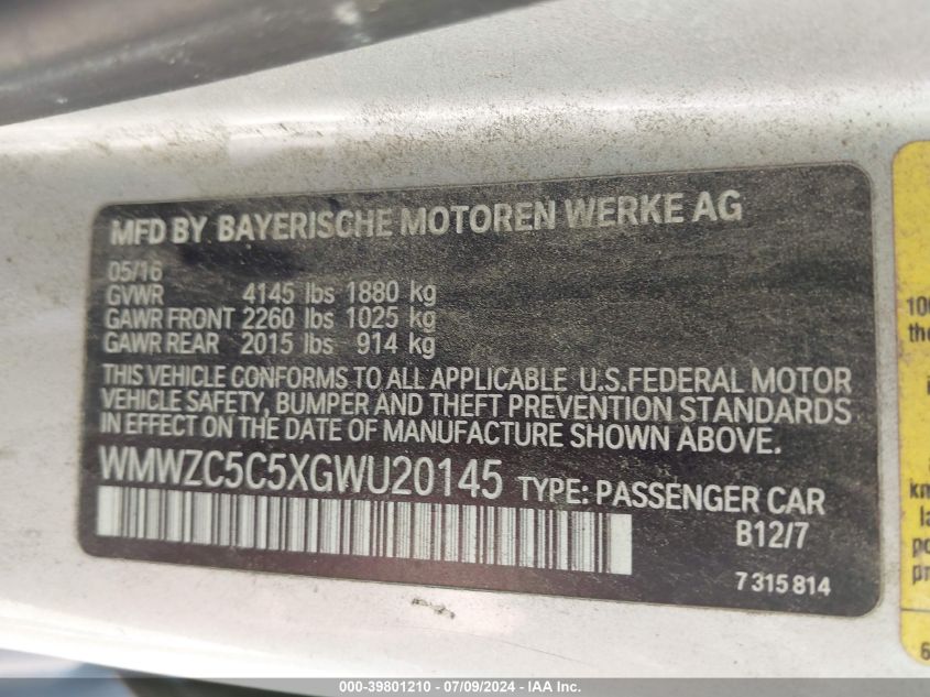 2016 Mini Countryman Cooper S VIN: WMWZC5C5XGWU20145 Lot: 39801210