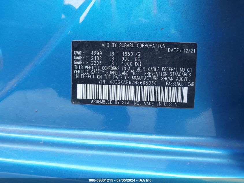 2022 Subaru Impreza Base VIN: 4S3GKAB67N3605350 Lot: 39801215