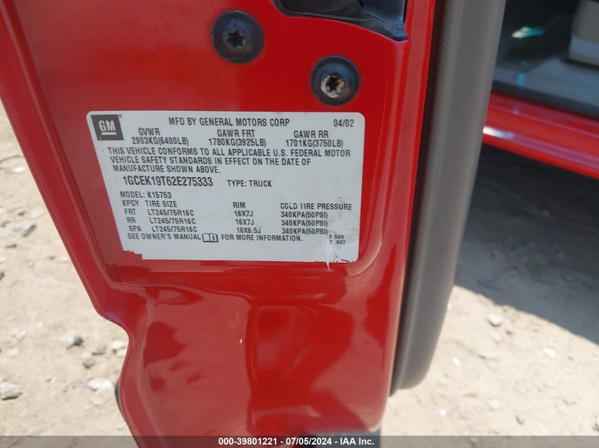 2002 Chevrolet Silverado 1500 Lt VIN: 1GCEK19T62E275333 Lot: 39801221