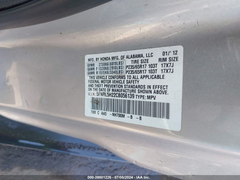 2012 Honda Odyssey Lx VIN: 5FNRL5H22CB056139 Lot: 39801226