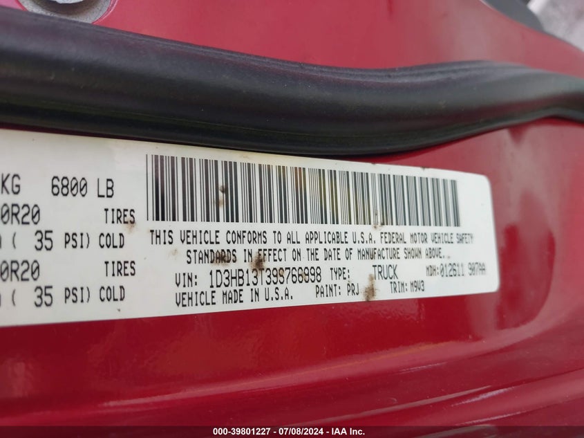 2009 Dodge Ram 1500 VIN: 1D3HB13T39S766998 Lot: 39801227