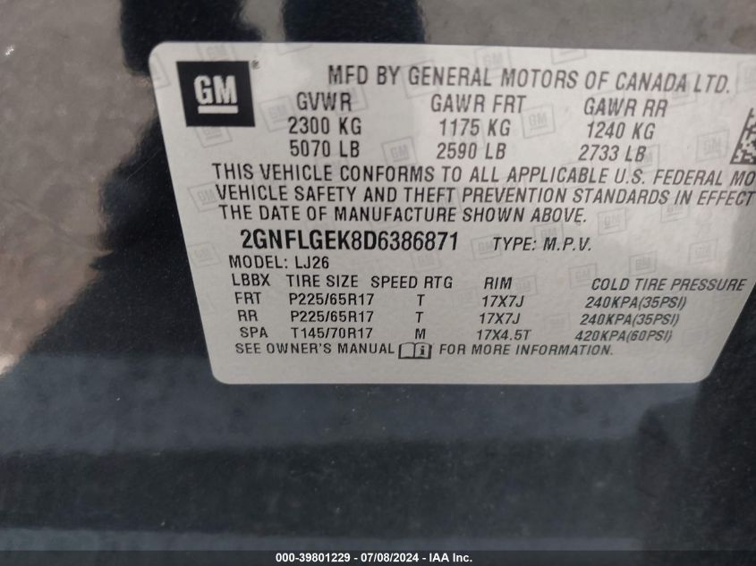 2013 Chevrolet Equinox Ltz VIN: 2GNFLGEK8D6386871 Lot: 39801229