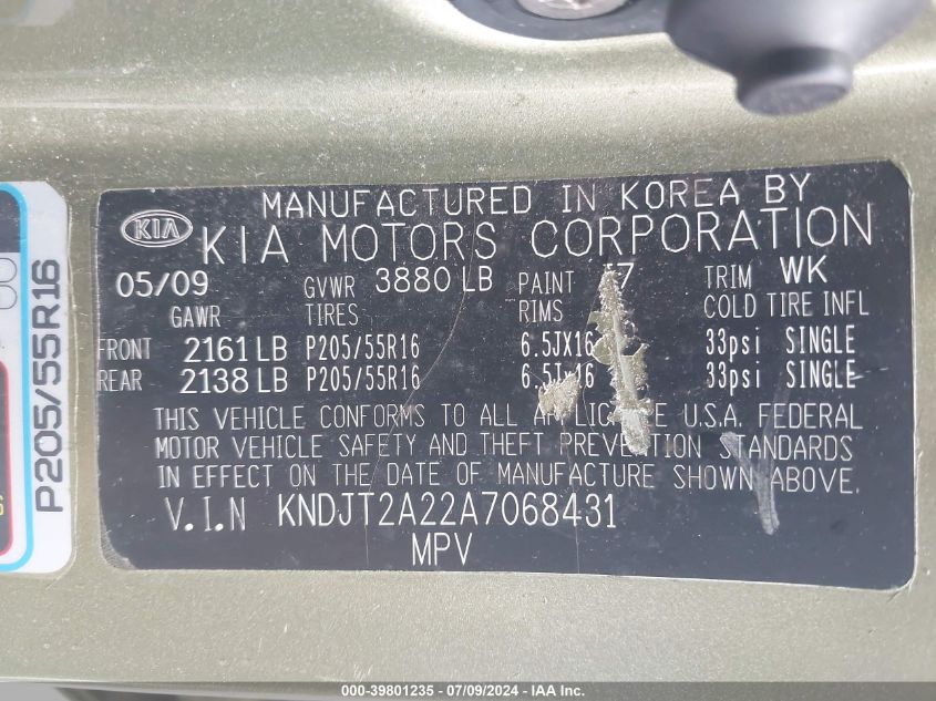 2010 Kia Soul + VIN: KNDJT2A22A7068431 Lot: 39801235