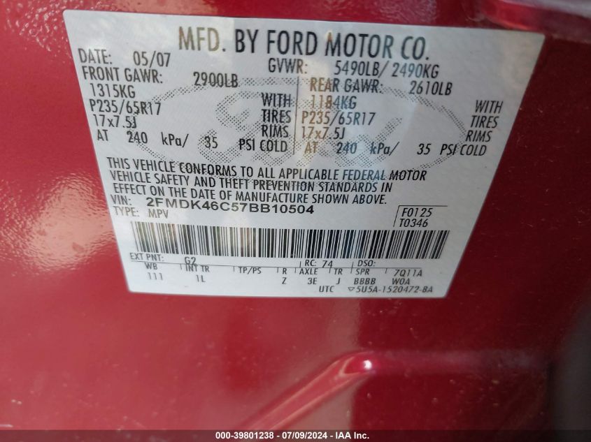 2007 Ford Edge Se VIN: 2FMDK46C57BB10504 Lot: 39801238