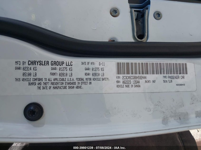 2011 Chrysler 300 Limited VIN: 2C3CA5CG8BH592444 Lot: 39801239