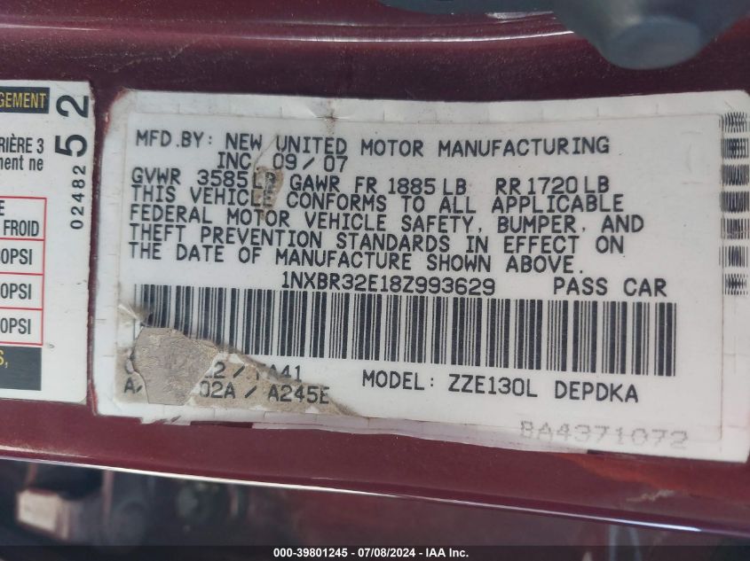 2008 Toyota Corolla Ce VIN: 1NXBR32E18Z993629 Lot: 39801245