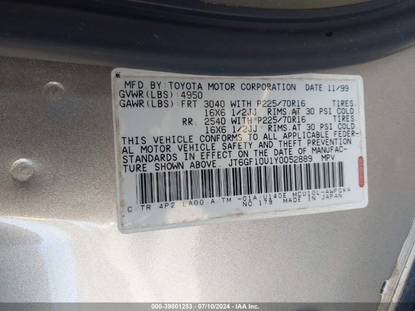 2000 Lexus Rx 300 300 VIN: JT6GF10U1Y0052889 Lot: 39801253