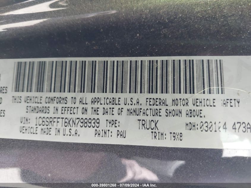 2019 Ram 1500 Big Horn/Lone Star 4X4 5'7 Box VIN: 1C6SRFFT6KN798939 Lot: 39801268