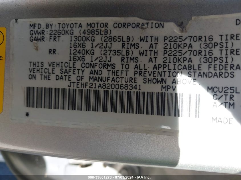 2002 Toyota Highlander Limited V6 VIN: JTEHF21A820068341 Lot: 39801273