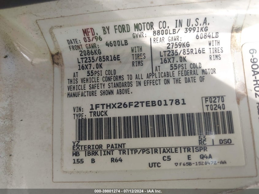 1996 Ford F250 VIN: 1FTHX26F2TEB01781 Lot: 39801274