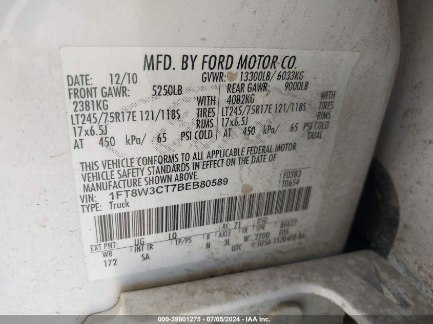 2011 Ford F350 Super Duty VIN: 1FT8W3CT7BEB80589 Lot: 39801275