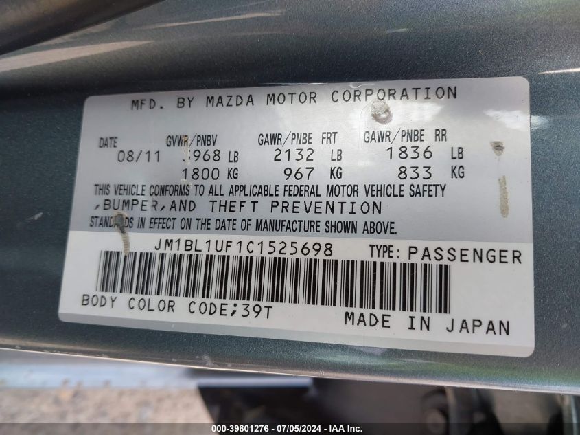 2012 Mazda 3 I VIN: JM1BL1UF1C1525698 Lot: 39801276