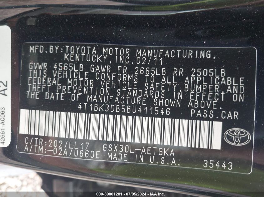 2011 Toyota Avalon Limited VIN: 4T1BK3DB5BU411546 Lot: 39801281