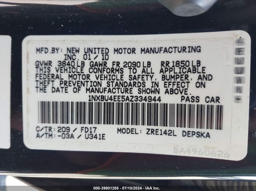 2010 Toyota Corolla S VIN: 1NXBU4EE5AZ334944 Lot: 39801285