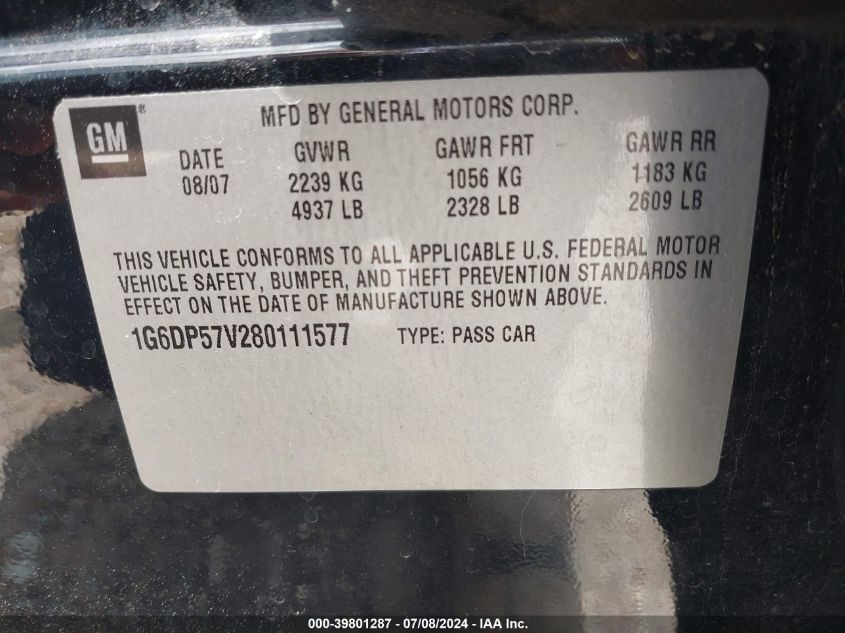 2008 Cadillac Cts Standard VIN: 1G6DP57V280111577 Lot: 39801287