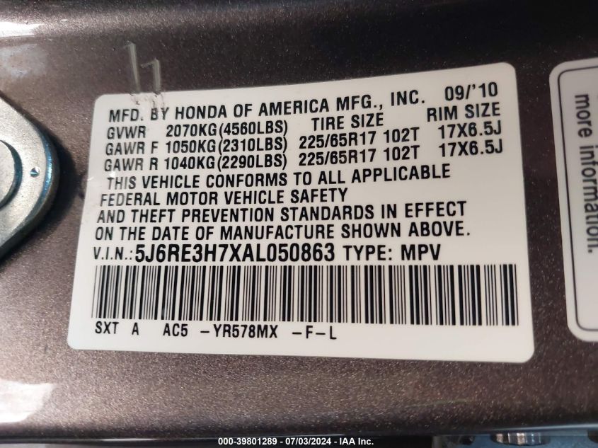2010 Honda Cr-V Ex-L VIN: 5J6RE3H7XAL050863 Lot: 39801289