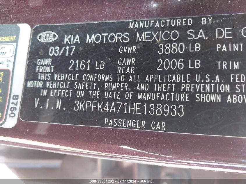 2017 Kia Forte Lx VIN: 3KPFK4A71HE138933 Lot: 39801292