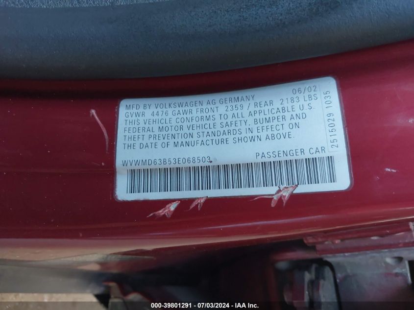 2003 Volkswagen Passat Gl VIN: WVWMD63B53E068503 Lot: 39801291