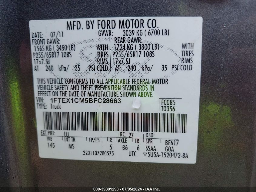 2011 Ford F-150 Xlt VIN: 1FTEX1CM5BFC28663 Lot: 39801293