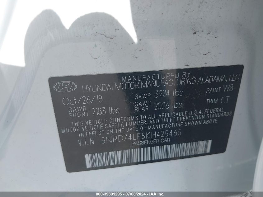 VIN 5NPD74LF5KH425465 2019 HYUNDAI ELANTRA SE