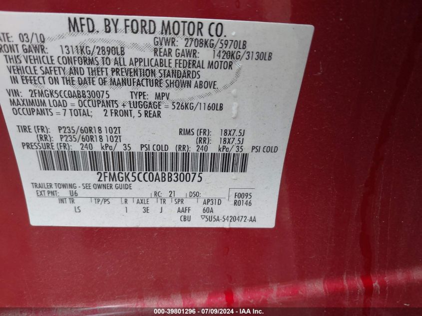 2010 Ford Flex Sel VIN: 2FMGK5CC0ABB30075 Lot: 39801296