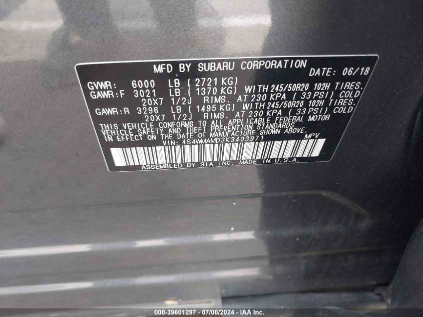 2019 SUBARU ASCENT LIMITED - 4S4WMAMD3K3403971