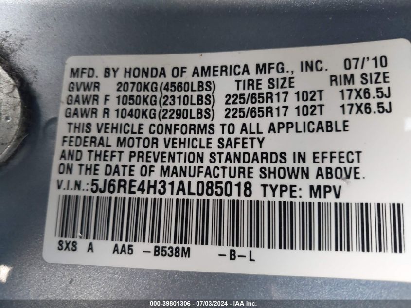2010 Honda Cr-V Lx VIN: 5J6RE4H31AL085018 Lot: 39801306